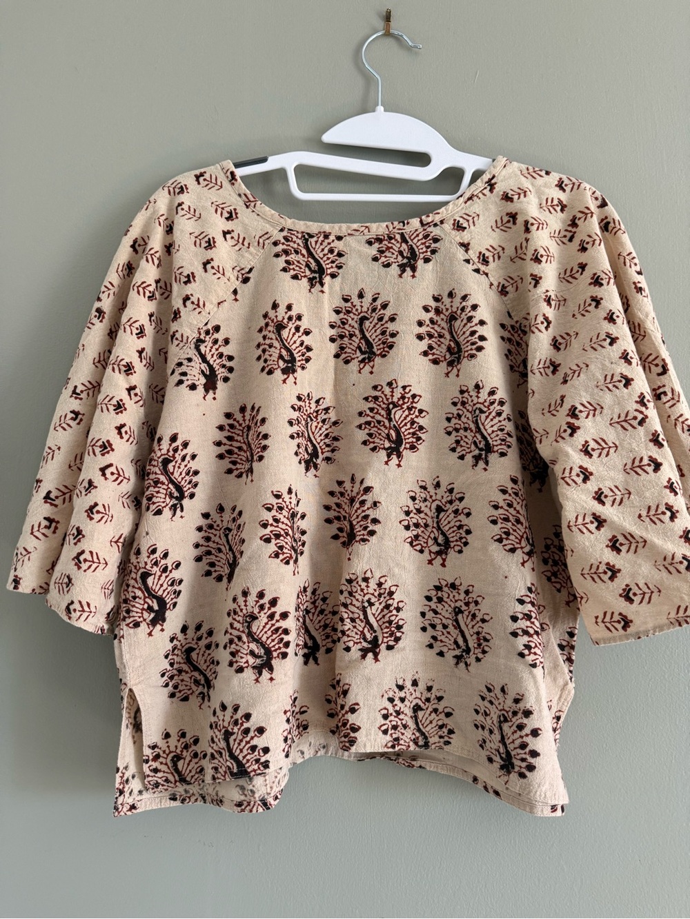 Boho Block Print Peacock Raglan Sleeve Tunic Top Beige burgundy Black XL